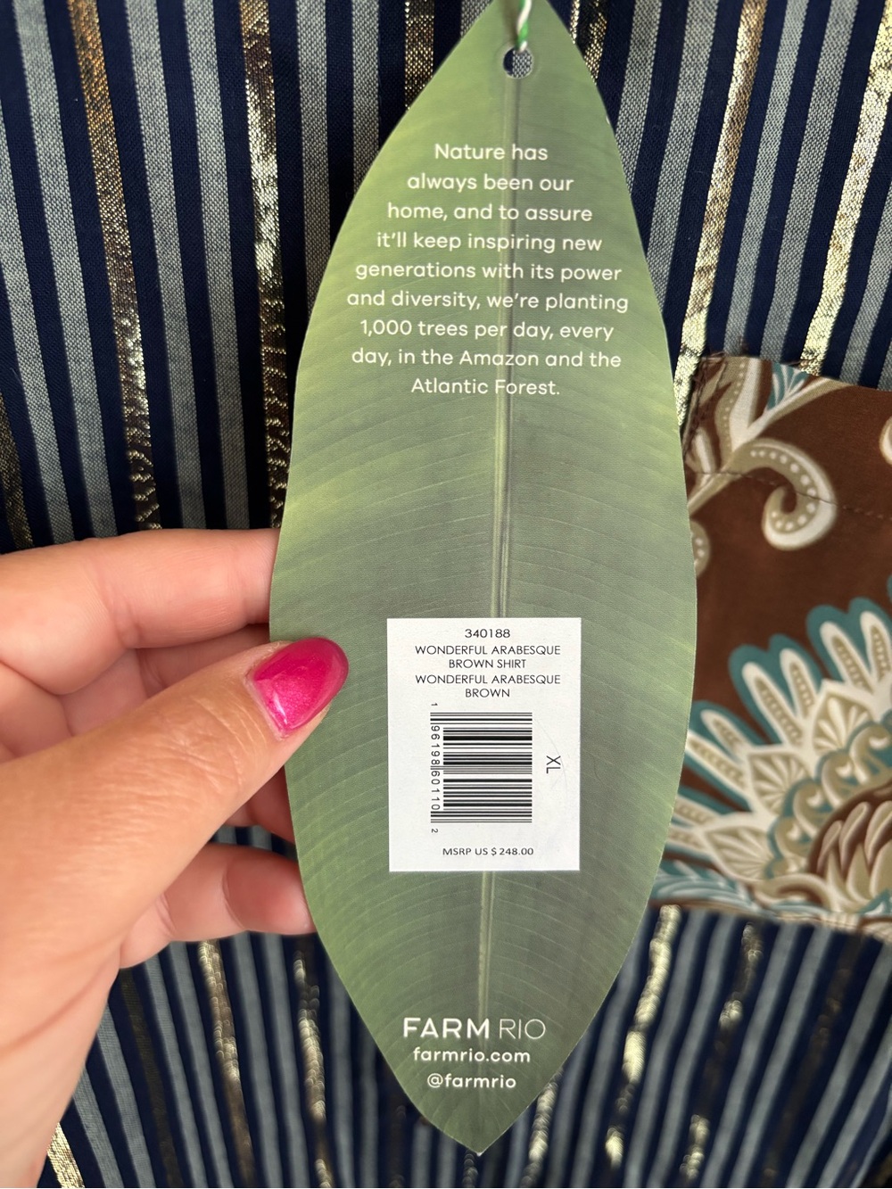FARM Rio NWT Navy and Brown Striped Button-Down with Floral Pocket - Picture 2 of 4